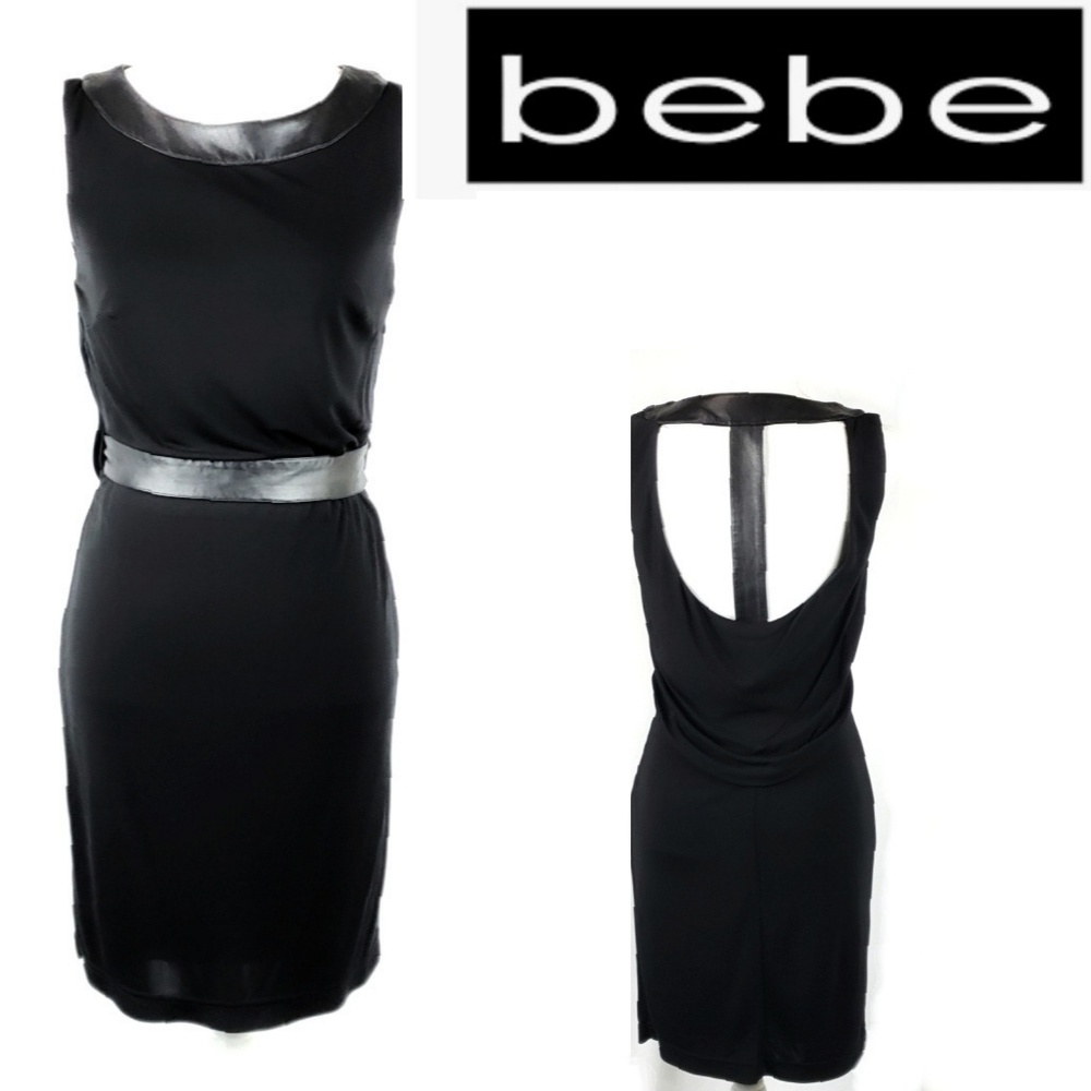 Bebe  Black Leather Draped Back Dress Size Small